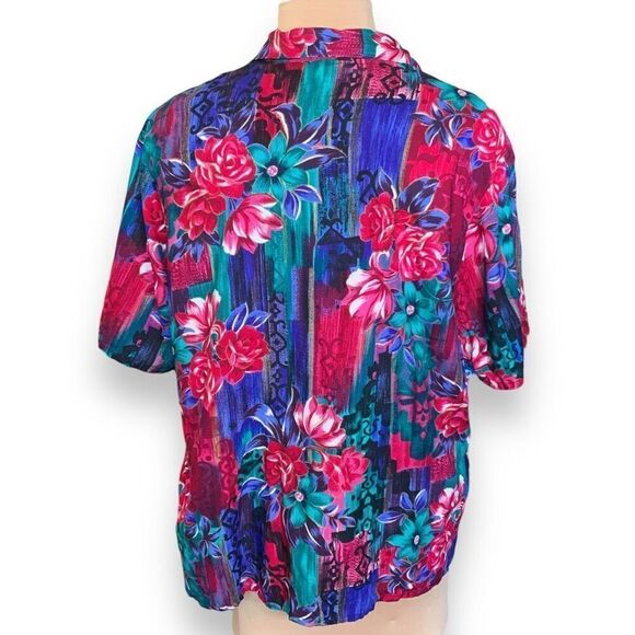 Vintage Bon Worth Shirt Colorful Pink Floral Abstract Color Block Short Sleeve - Picture 2 of 10